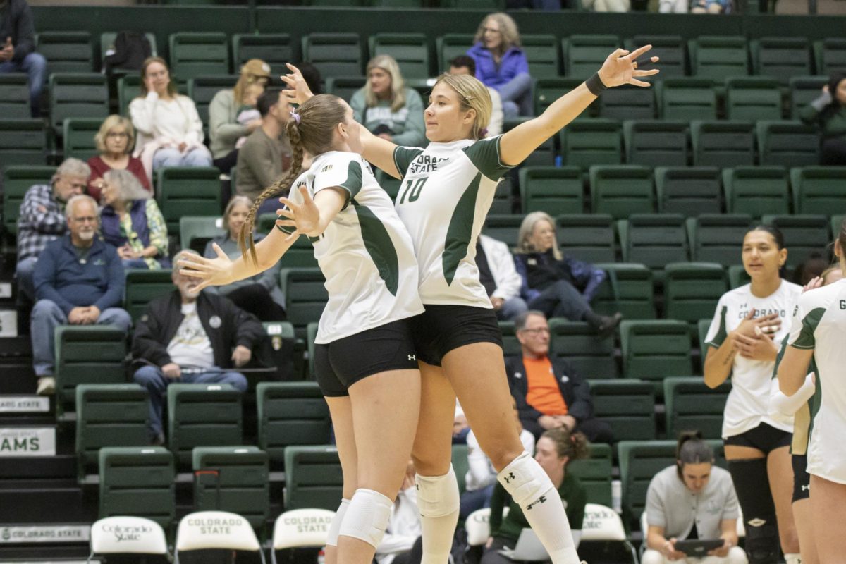 Brenna Rowland (10) and Eve Wilson (27) chest bump to hype up before a scrimmage game. Colorado State University played Denver University and Colorado University in Moby Arena, April 4th.