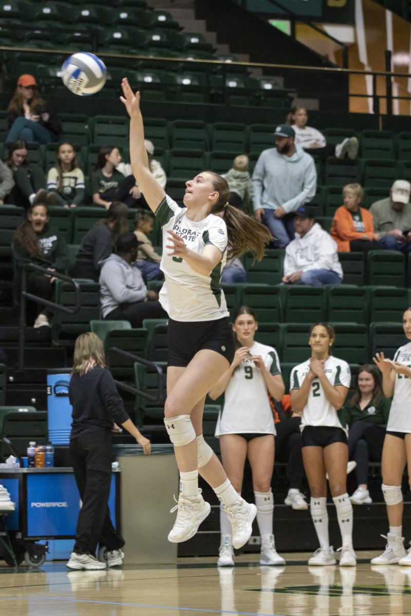 Sofia Zabjek (5) hits a ball in scrimmage game. Colorado State University played Denver University and Colorado University in Moby Arena, April 4th.