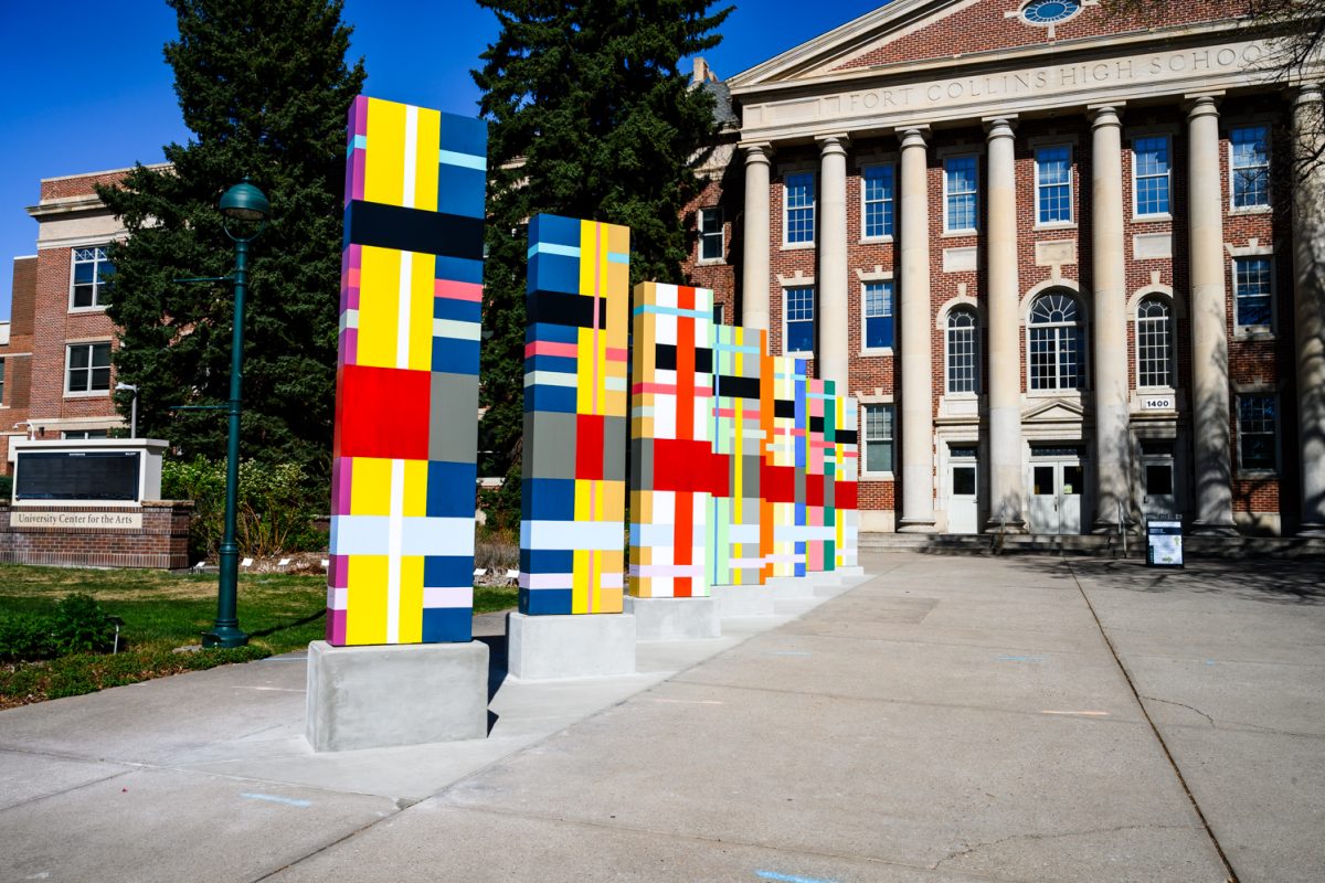 Colorado State University alumnus Pard Morrison's sculpture "That Which Holds Us Together" stands outside the University Center for the Arts April 19.