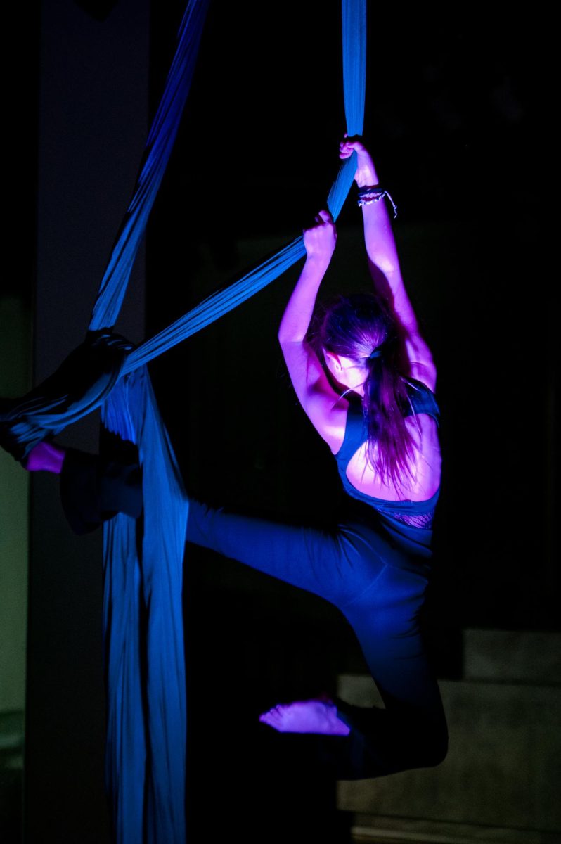 Finn Boyle, young aerialist and performer in a traveling trapeze troupe, performs her aerial piece as part of the exhibitions events April 24. Boyle was excited to participate the exhibition, as she believes that art is a beautiful and fulfilling experience that contributes positively to the community. “I really like bringing everybody together, and showing people that art is one of the most beautiful,” Boyle said. “It just makes me feel really happy, and it fills me with joy. I like the buildup. I like the build up and I like the stomach drop, and like before and after. It’s just super amazing.”