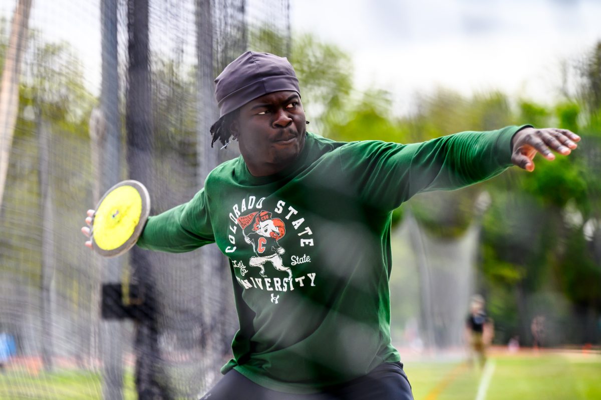 Colorado State University track and field athlete Daniel Baroumbaye starts his discus throw during CSU's Border Dual Meet against the University of Wyoming April 25. Baroumbaye placed second with a mark of 51.07 meters.