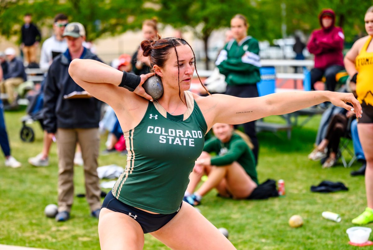 Colorado State University track and field athlete Erin Brown takes a breath before her shotput throw during CSU's Border Dual Meet against the University of Wyoming April 25. Brown placed first with a mark of 15.46 meters.