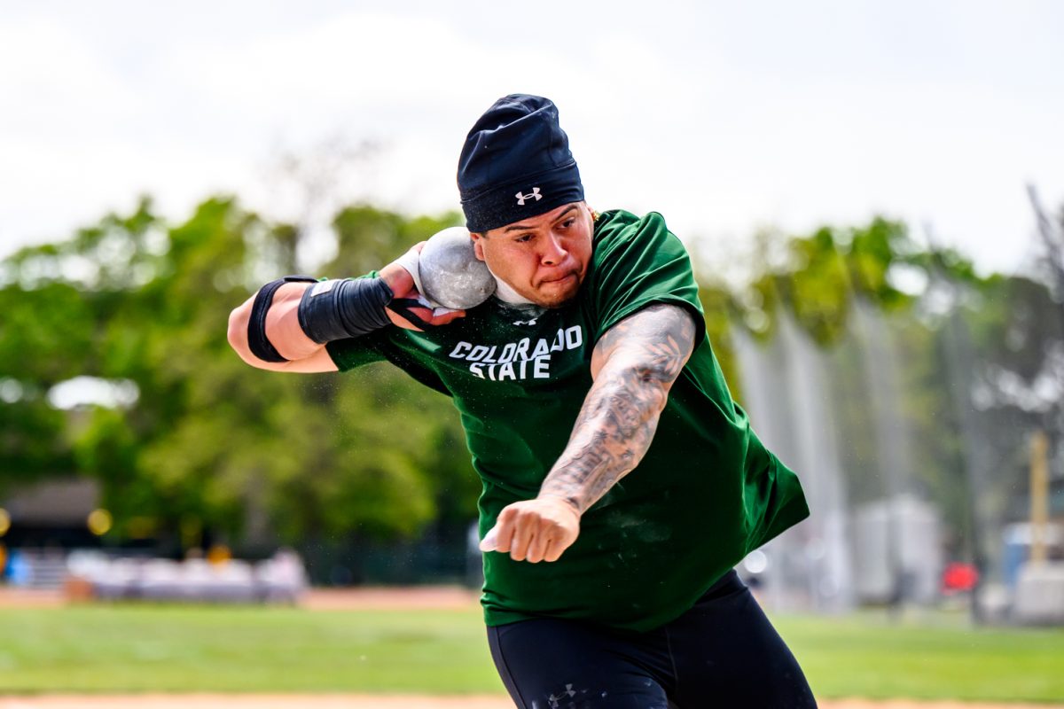 Colorado State University track and field athlete Leonardo Ramos begins his shotput throw during CSU's Border Dual Meet against the University of Wyoming April 25. Ramos placed first with a mark of 18.29 meters.