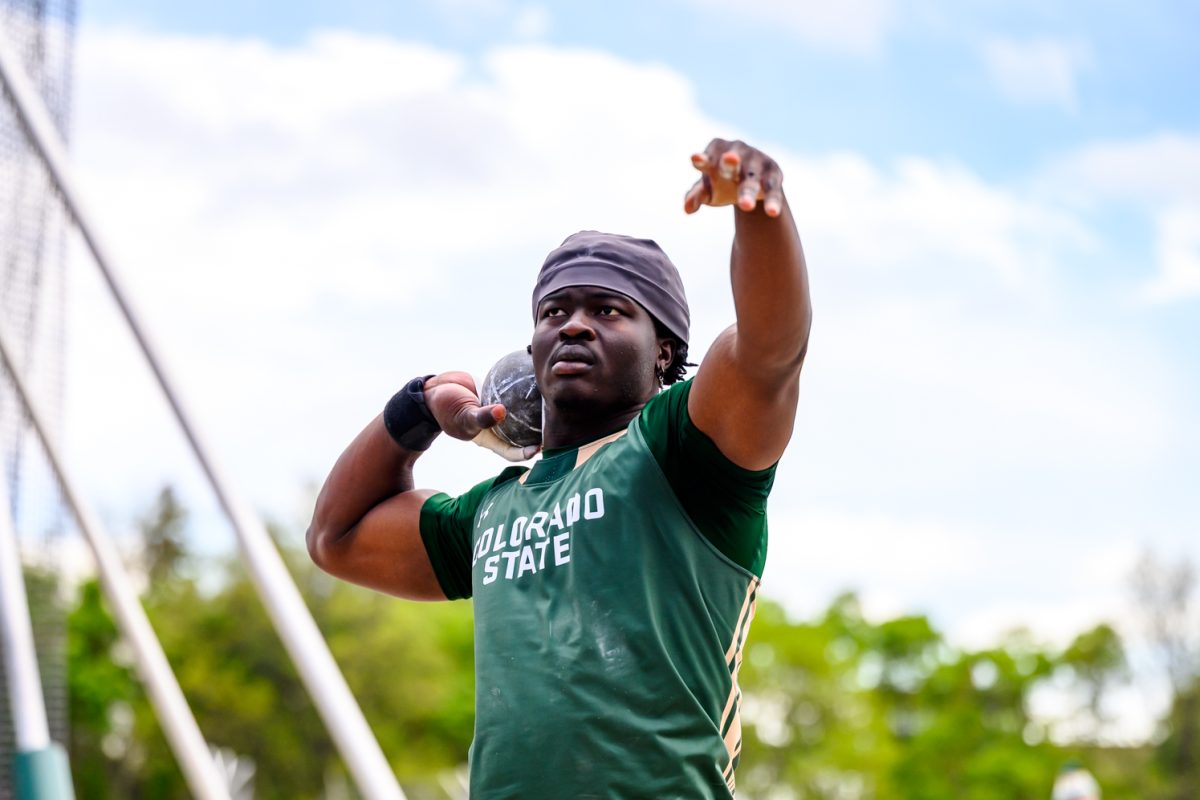 Colorado State University track and field athlete Daniel Baroumbaye lines up for his shotput throw during CSU's Border Dual Meet against the University of Wyoming April 25.