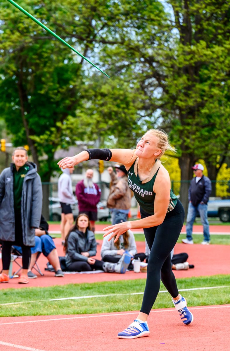 Colorado State University track and field athlete Jet Van Der Heijden releases her javelin during CSU's Border Dual Meet April 25. Van Der Heijden placed first with a mark of 49.60 meters, earning her a place in the regionals competition.