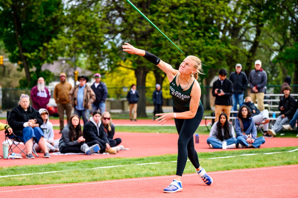 Colorado State University track and field athlete Jet Van Der Heijden releases her javelin during CSU's Border Dual Meet April 25. Van Der Heijden placed first with a mark of 49.60 meters, earning her a place in the regionals competition.