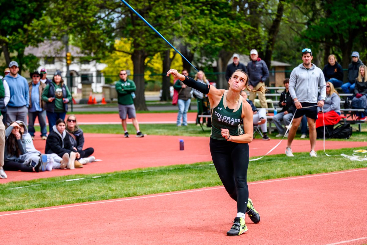 Colorado State University track and field athlete Mackenzii Phillips throws her javelin during CSU's Border Dual Meet April 25. Phillips placed second with a mark of 47.12 meters.
