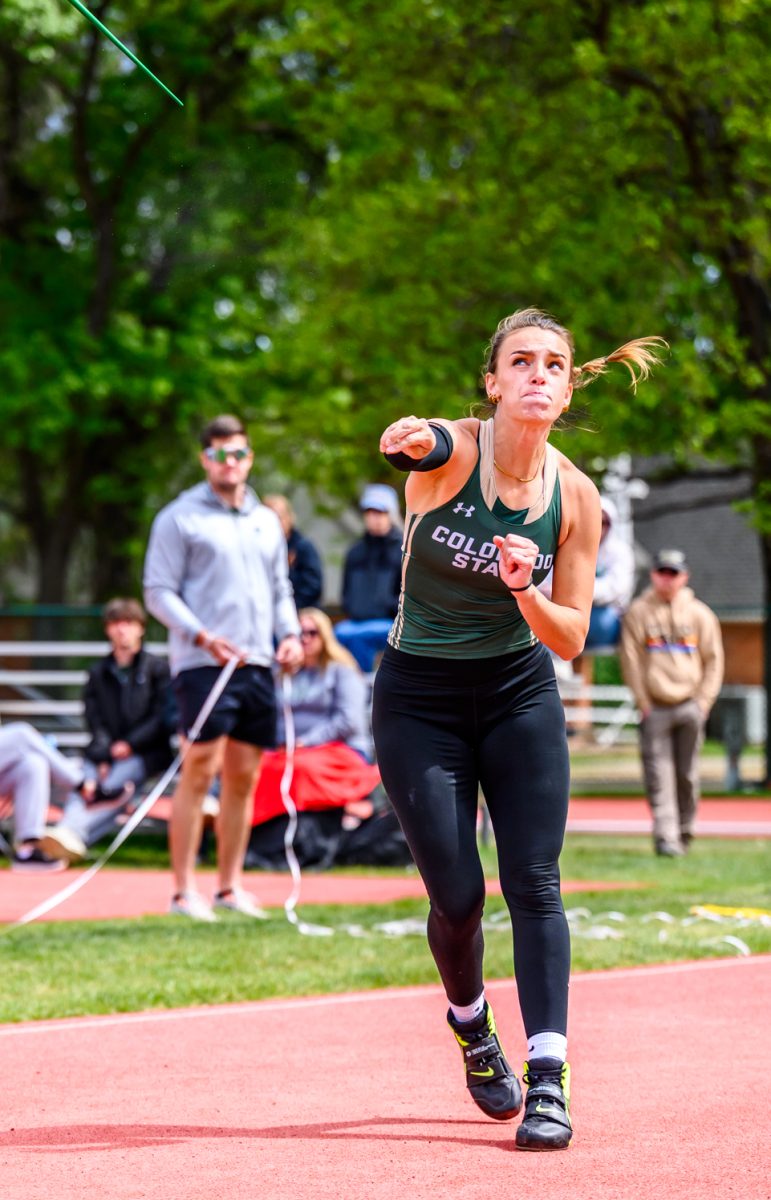 Colorado State University track and field athlete Mackenzii Phillips throws her javelin during CSU's Border Dual Meet April 25. Phillips placed second with a mark of 47.12 meters.