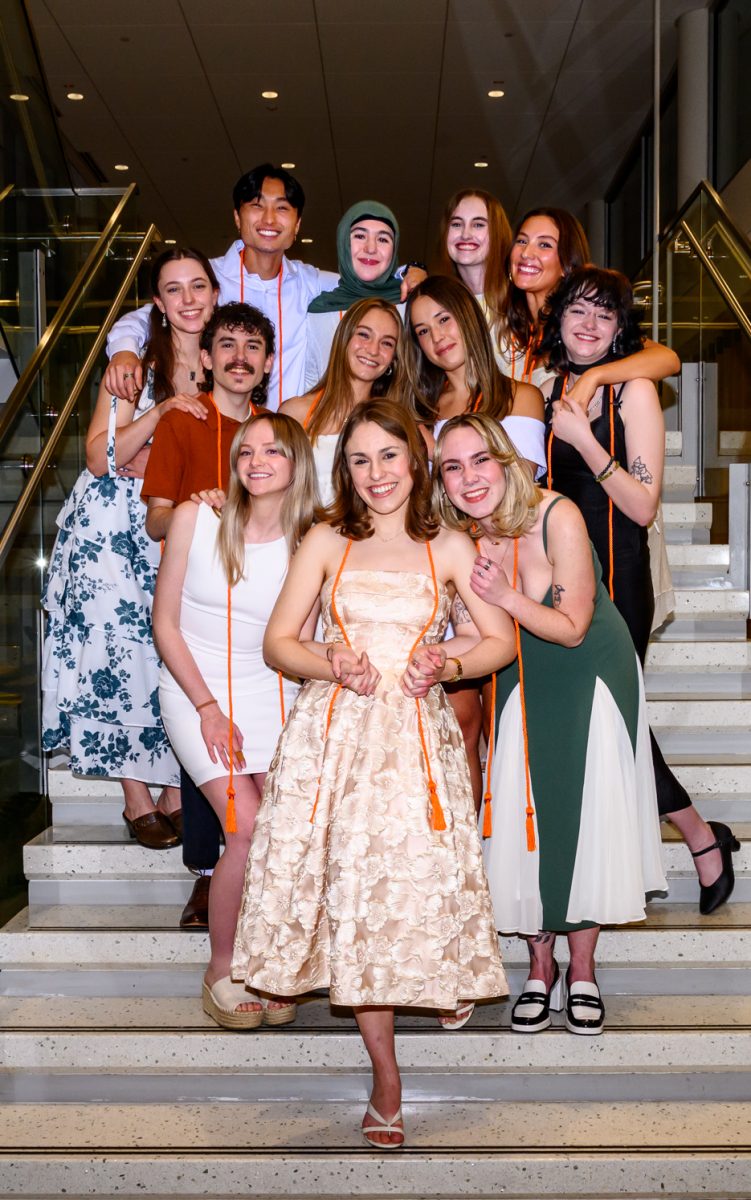 Twelve of The Rocky Mountain Collegian's graduating editorial staff pose for a photo in the Lory Student Center April 29. The group includes Michael Hovey, Laila Shekarchian, Katie Fisher, Gigi Young, Sofia Raikow, Caden Proulx, Ruby Secrest, Isabella Trinchero, Chloe Waskey, Claire Vogl, Allie Seibel and Hannah Parcells.