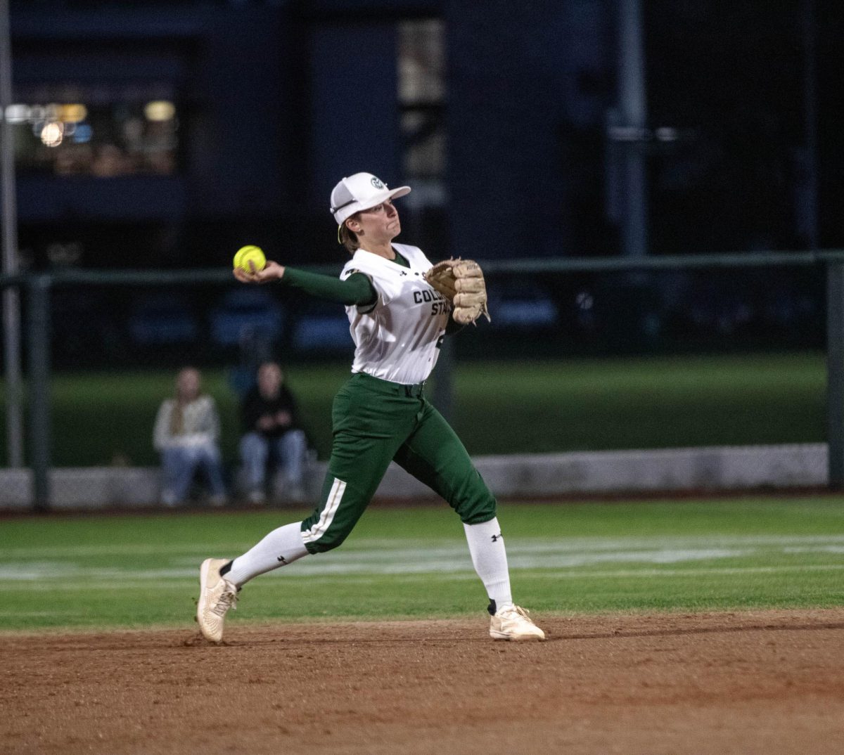Colorado State University softball player throws ball during game against Grand Canyon University on April 30.