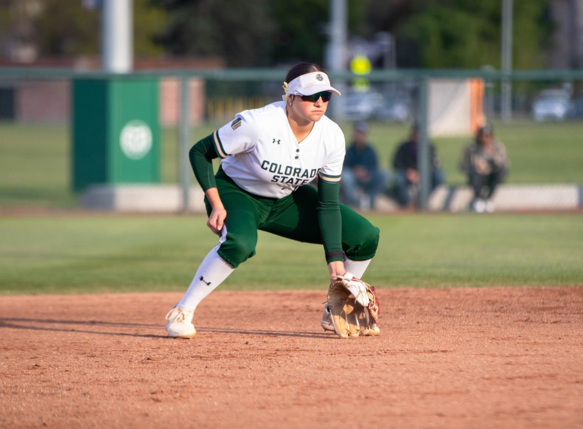 Colorado State University softball player prepares to catch the ball during game against Grand Canyon University on April 30.