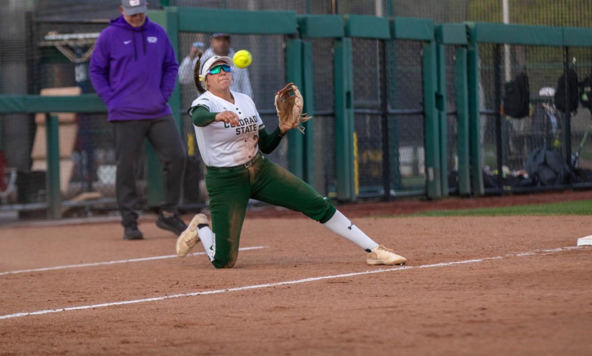Colorado State University softball player throws ball during game against Grand Canyon University on April 30.
