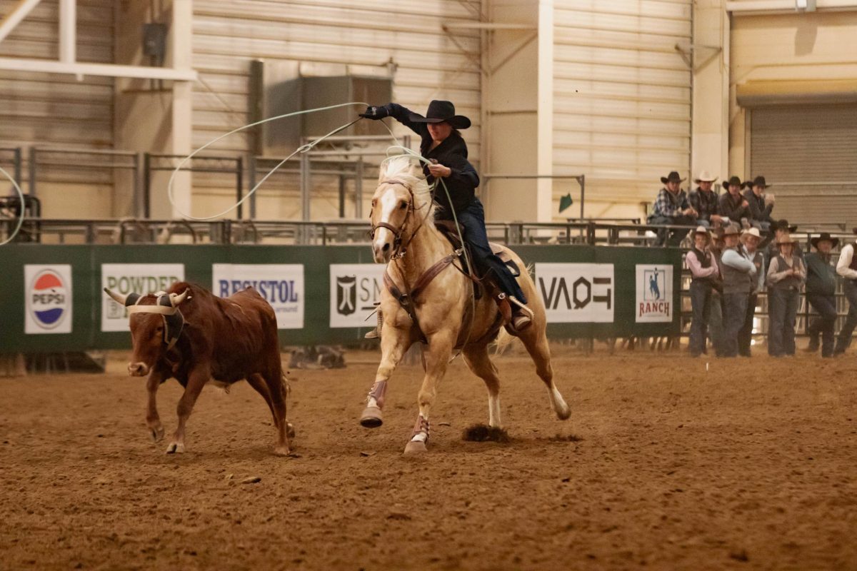 A cowgirl ropes during the team roping event at Colorado State University's 76th Annual Skyline Stampede Rodeo at The Ranch Events Complex April 3.