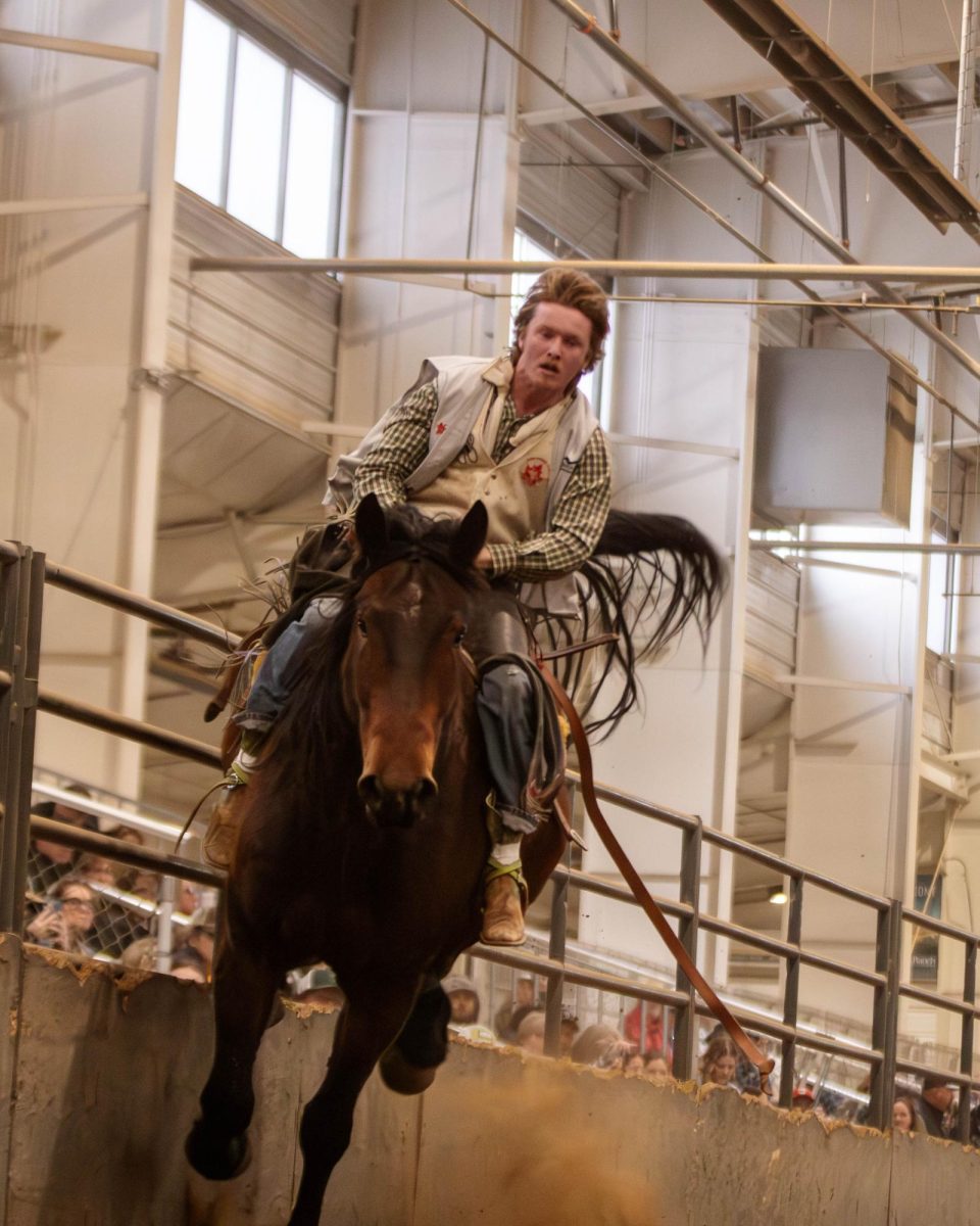 A saddle bronc rider holds on tight to the horse during the saddle bronc riding event at Colorado State University's 76th Annual Skyline Stampede Rodeo at The Ranch Events Complex April 3.