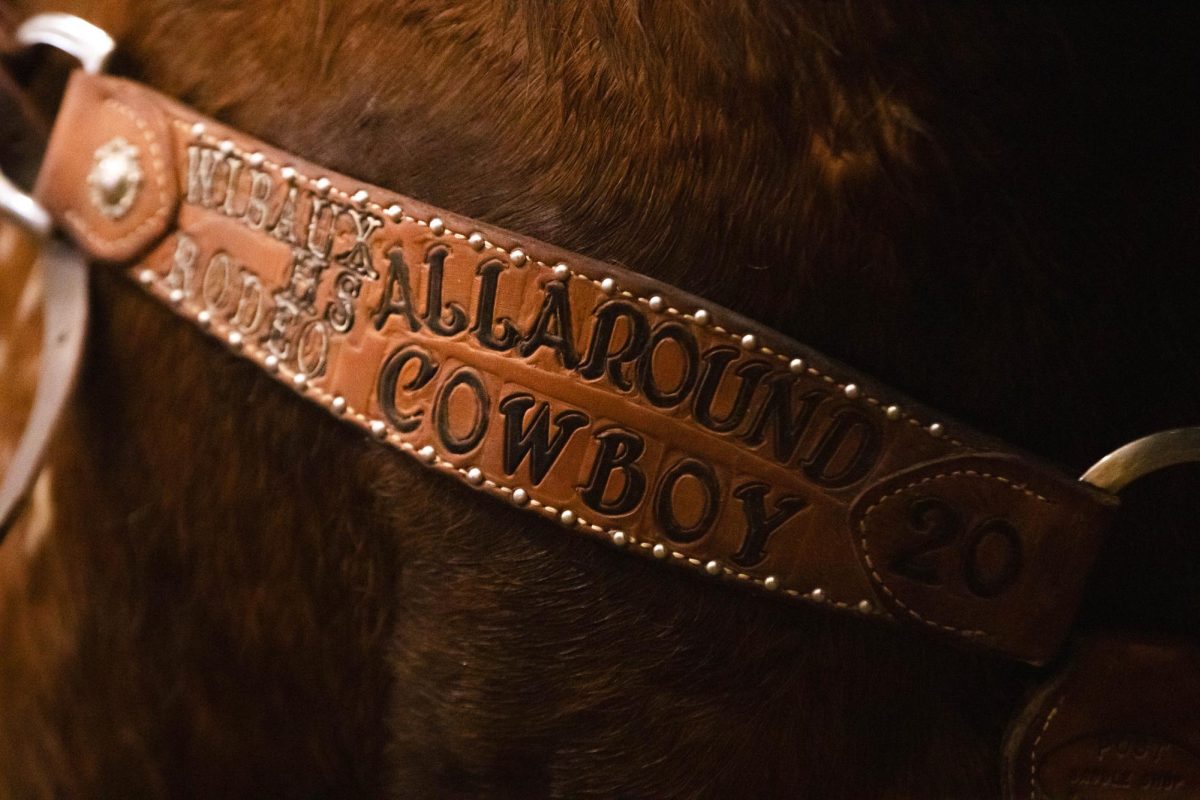 A horse breast collar labeled "Allaround Cowboy" adorns a horse competing in Colorado State University's 76th Annual Skyline Stampede Rodeo at The Ranch Events Complex April 3.