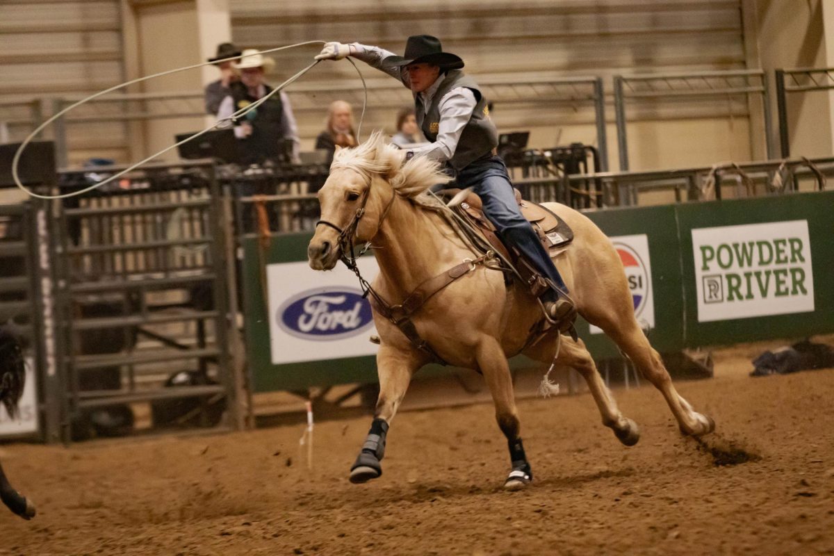 Laramie County Community College cowboy ropes during the breakaway roping event at the Skyline Stampede Rodeo in The Ranch Events Complex April 3.