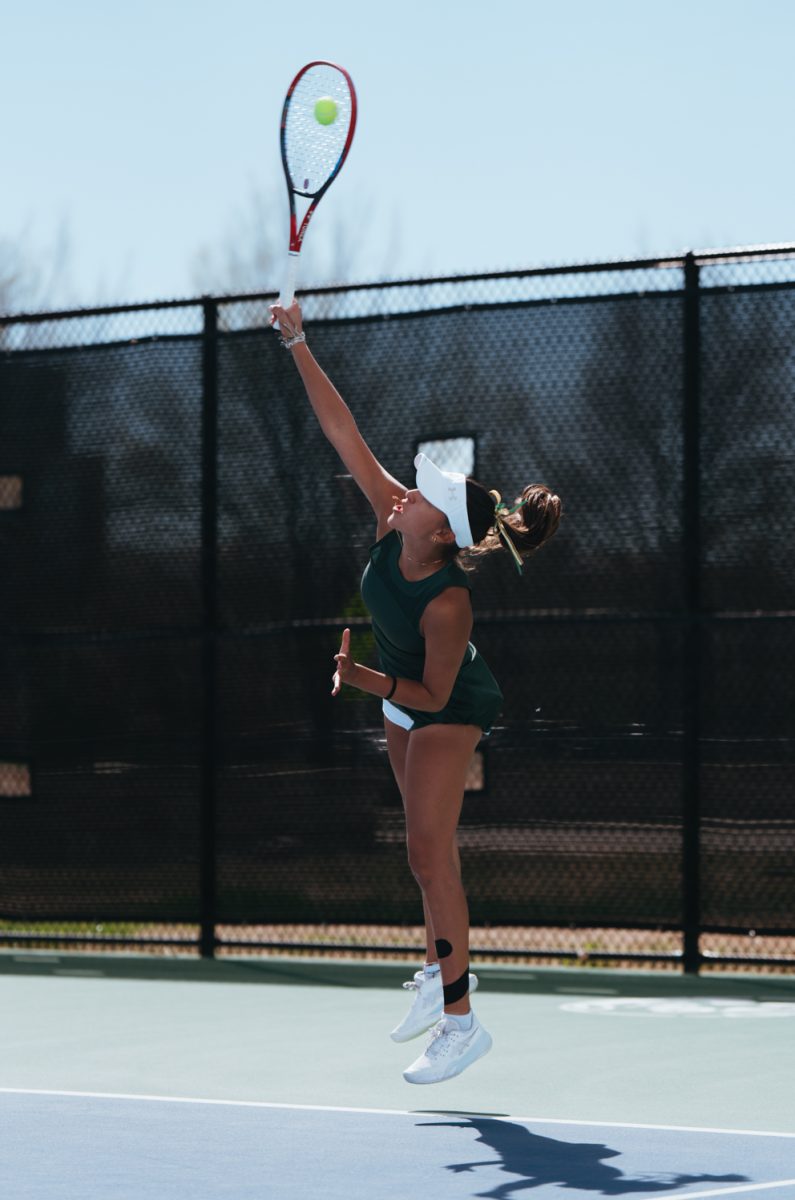 Diana Lizarazo serves the ball during her doubles tennis match against San Diego State. April 12. CSU lost 0-4.