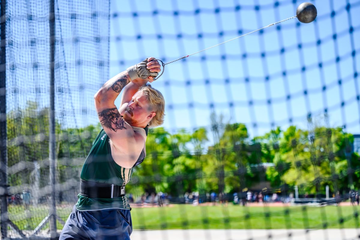 Colorado State University Track and Field athlete Adam Hellbom starts his hammer throw as the Doug Max Invitational begins May 2. Hellbom placed second with a mark of 65.13 meters.