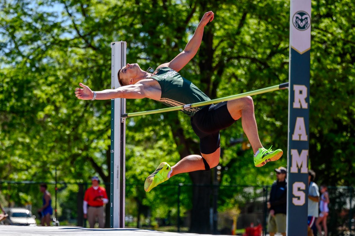 Colorado State University track and field athlete Zach Sell launches over the high jump bar at the Doug Max Invitational May 2.