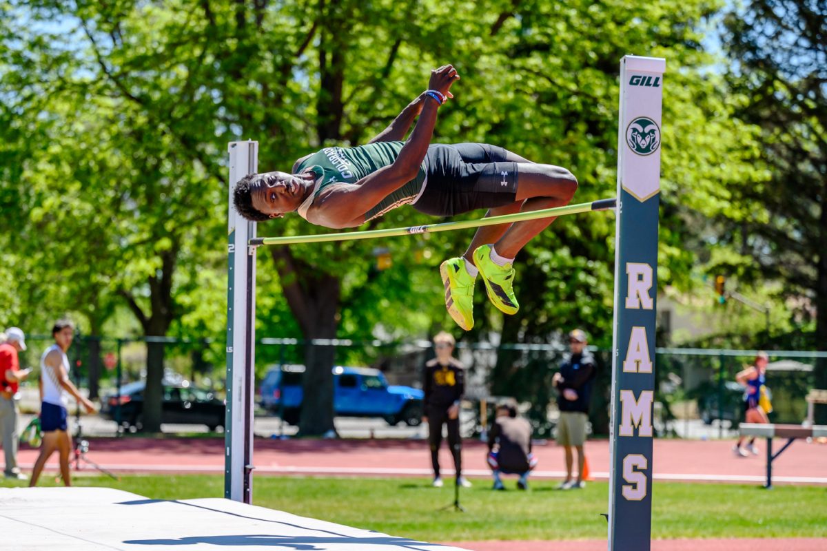 Colorado State University Track and Field athlete Jesse Imemba clears the high jump bar during the Doug Max Invitational May 2. Imemba placed first with a mark of 2.12 meters.
