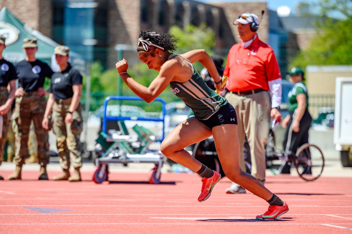 Colorado State University athlete Amaya Rogers launches off the blocks to begin the women's 4x100 relay at the Doug Max Invitational May 2. The women's team placed first with Rogers in the first leg, Alora Tortorelli Cruz in the second, Grace Lanfear in the third and Lily Krob in the final stretch.