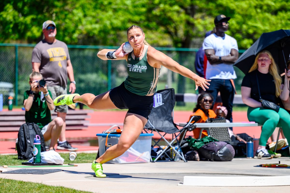 Colorado State University Track and Field athlete Makayla Long prepares to release her shot put during the Doug Max Invitational May 2. Long placed first in women's shotput with a mark of 17.54 meters, setting a new personal and CSU record.