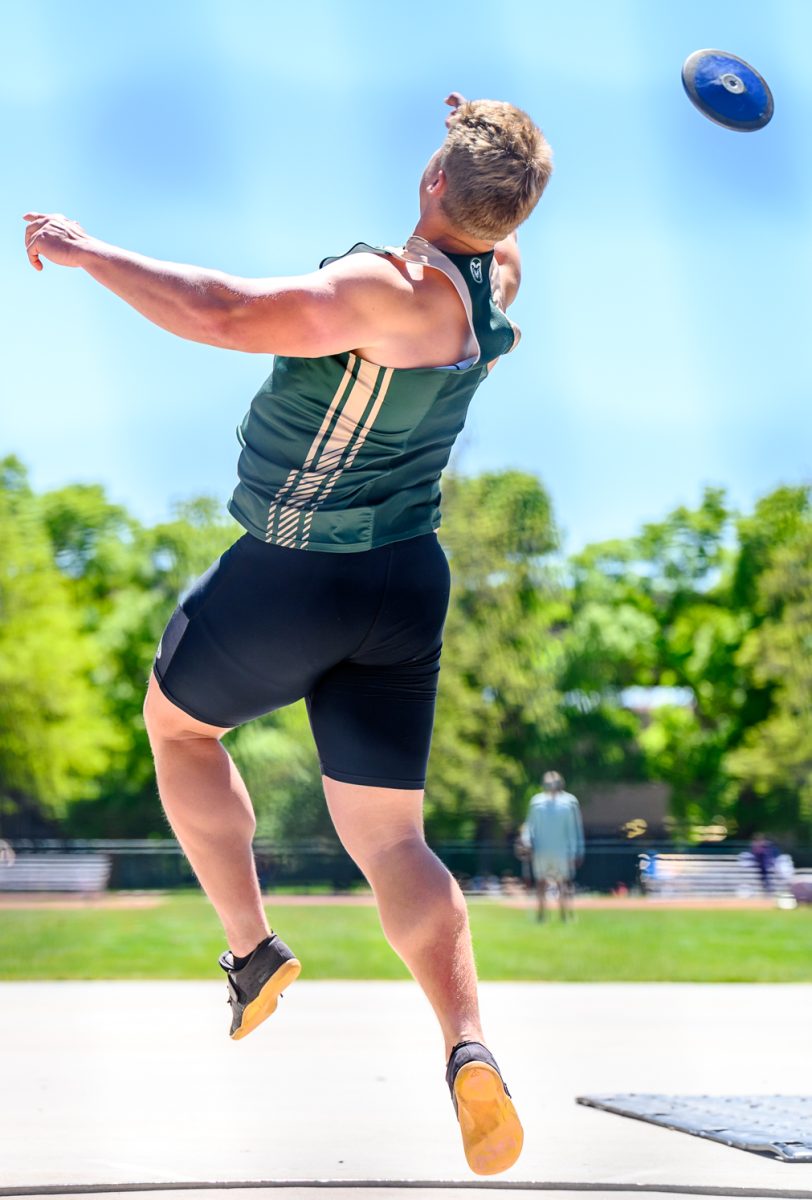 Colorado State University Track and Field athlete Kyle Bigley launches his discus during the Doug Max Invitational May 2. Bigley placed third with a mark of 52.93 meters.