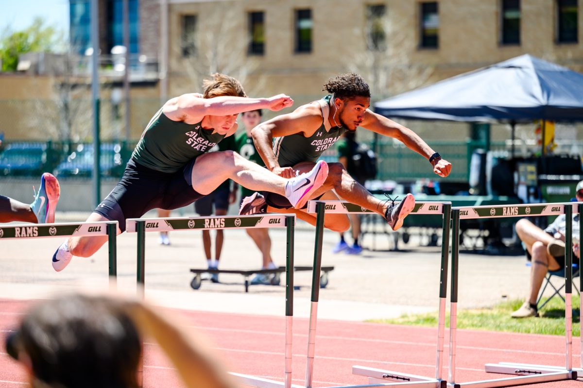Colorado State University Track and Field athletes Owen Langdon and Trenton Givens leap over hurdles during the men's 110-meter hurdle event at the Doug Max Invitational May 2. Langdon and Givens finished first and second with marks of 13.91 seconds and 13.93 seconds.
