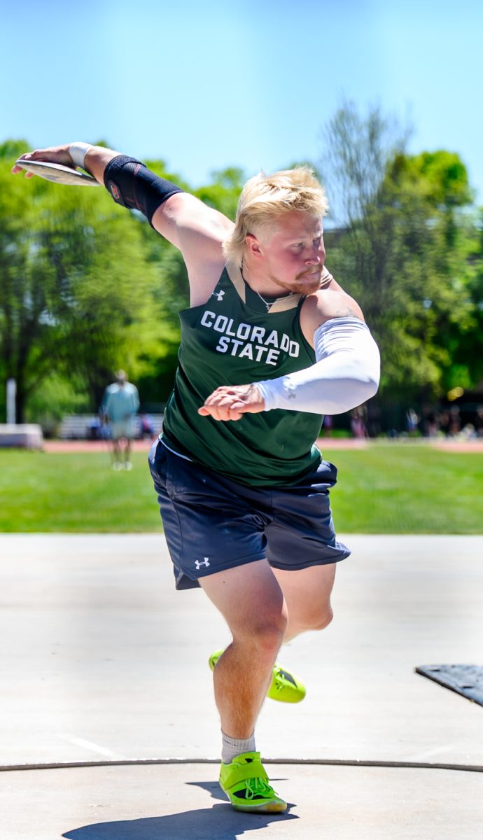 Colorado State University Track and Field athlete Adam Hellbom begins to spin before throwing his discus during the Doug Max Invitational May 2. Hellbom placed second with a mark of 54.26 meters.