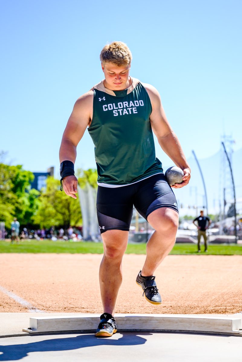 Colorado State University Track and Field athlete Kyle Bigley steps into the shot put ring during the Doug Max Invitational May 2. Bigley placed first with a mark of 18.55 meters.