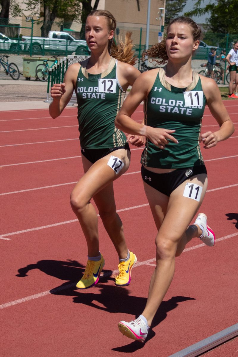 Colorado State University Track and Field athletes Allison Pippert and Abigail Petr run during the women’s 1500 meter at CSU’s Doug Max Invitational May 2.