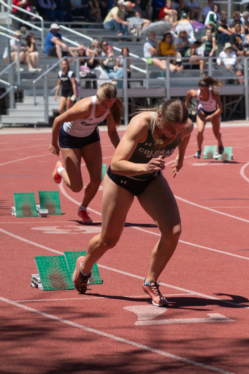 Colorado State University athlete Grace Gordon pushes off the blocks in the first heat of the women’s 400-meter dash during CSU’s Doug Max Invitational May 2.