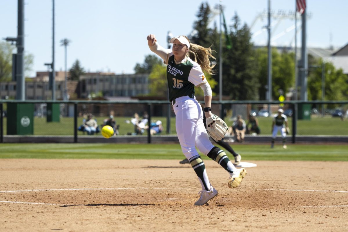 Delaney Saugstad (15) throws a pitch. The Rams played Grand Canyon University at the CSU softball field May 2nd.