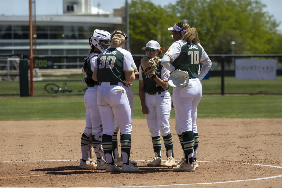 The Rams huddle in the circle during a timeout. CSU played Grand Canyon University at the CSU softball field May 2nd.