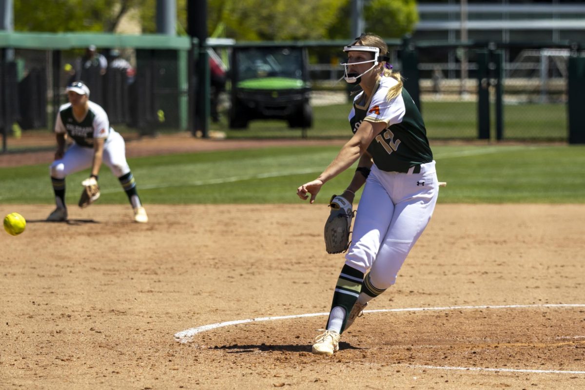 Reagan Wick (12) throws a pitch. The Rams played Grand Canyon University at the CSU softball field May 2nd.