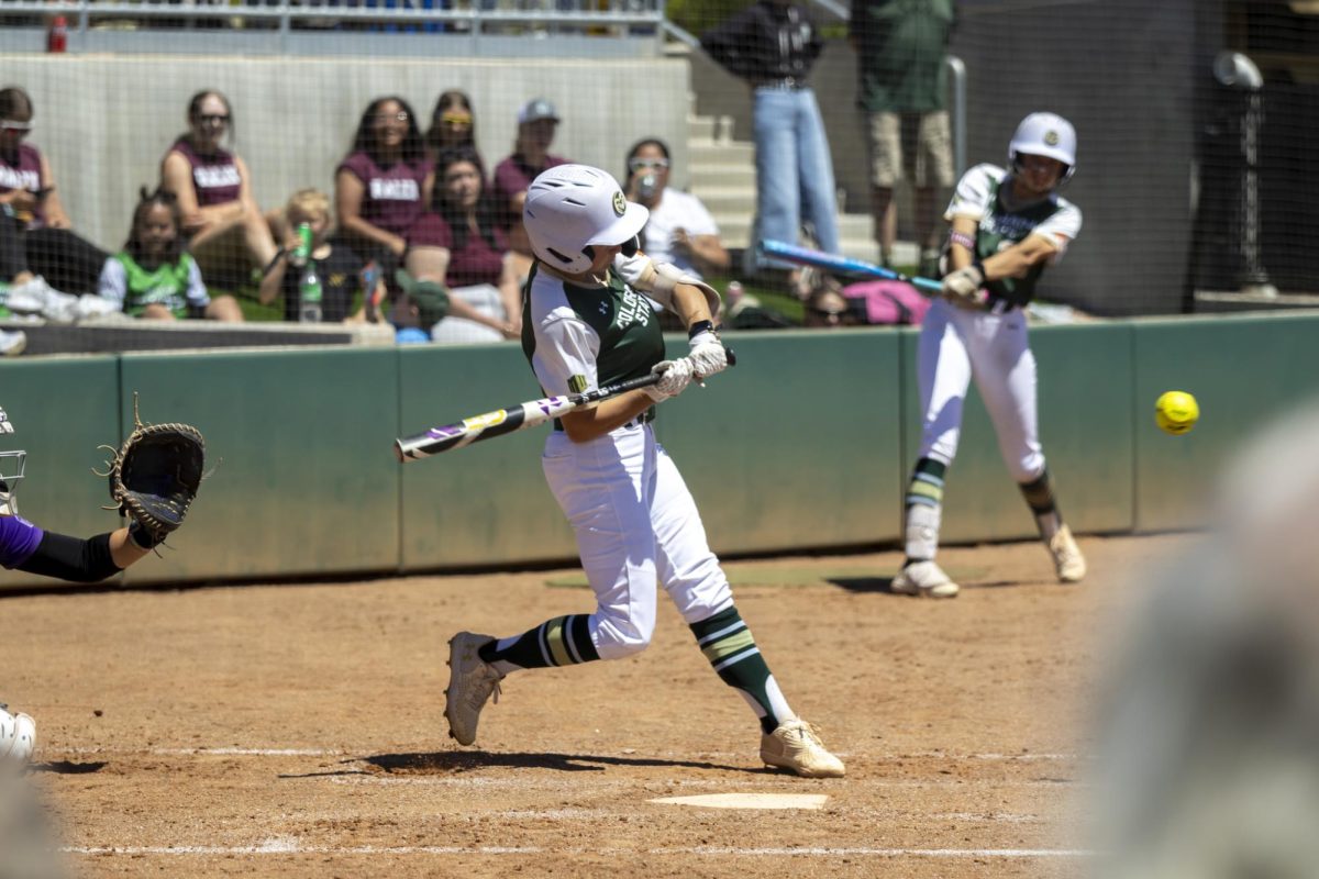 Bradie Poteet-Herrera (20) hits the ball. The Rams played Grand Canyon University at the CSU softball field May 2nd.