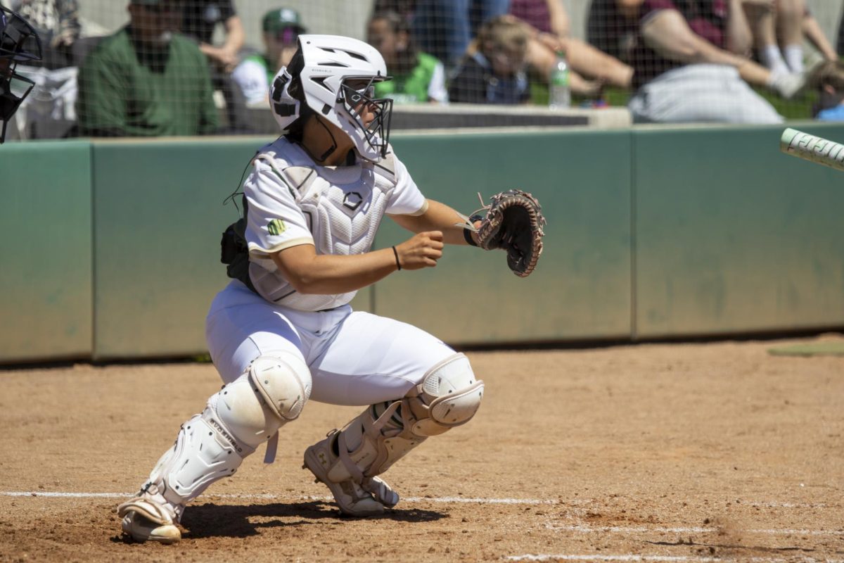 Abby Edwards (34) pops up from position for a foul ball. The Rams played Grand Canyon University at the CSU softball field May 2nd.