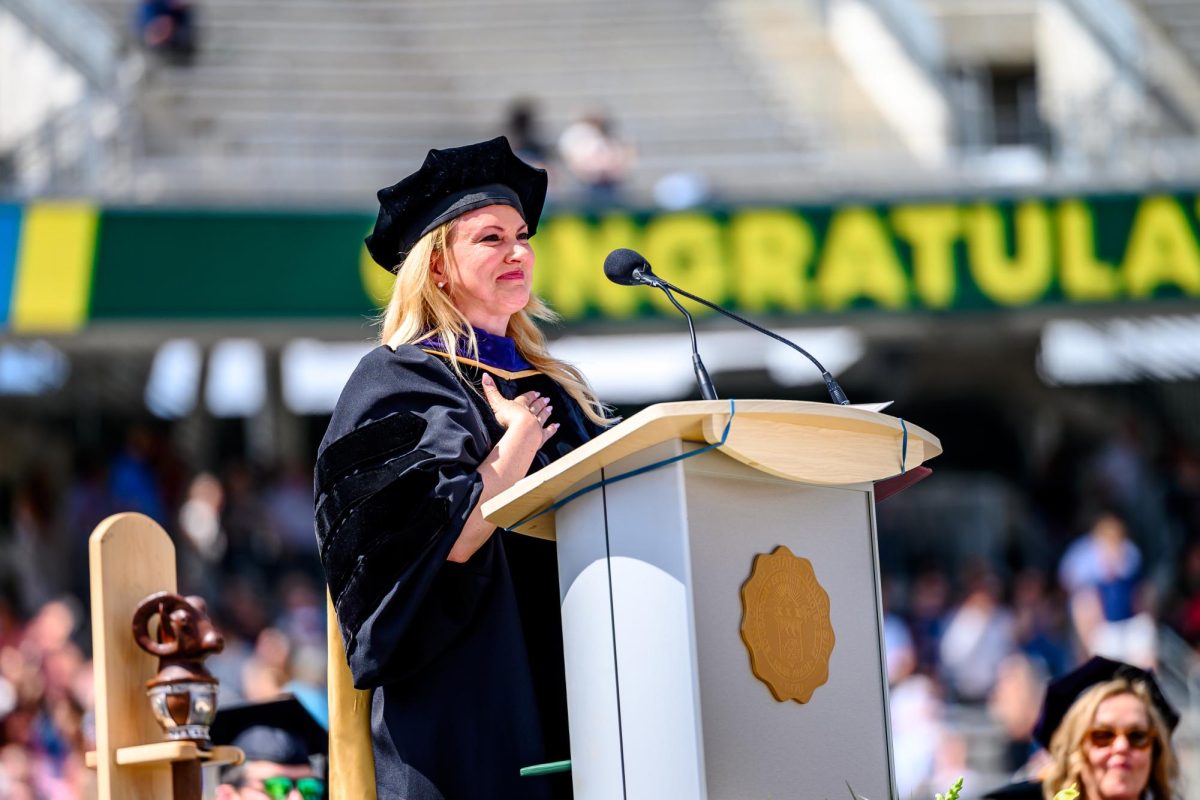 Colorado State University President Amy Parsons looks out to the crowd of graduating seniors during her speech at the Universitywide Commencement ceremony in Canvas Stadium May 16.