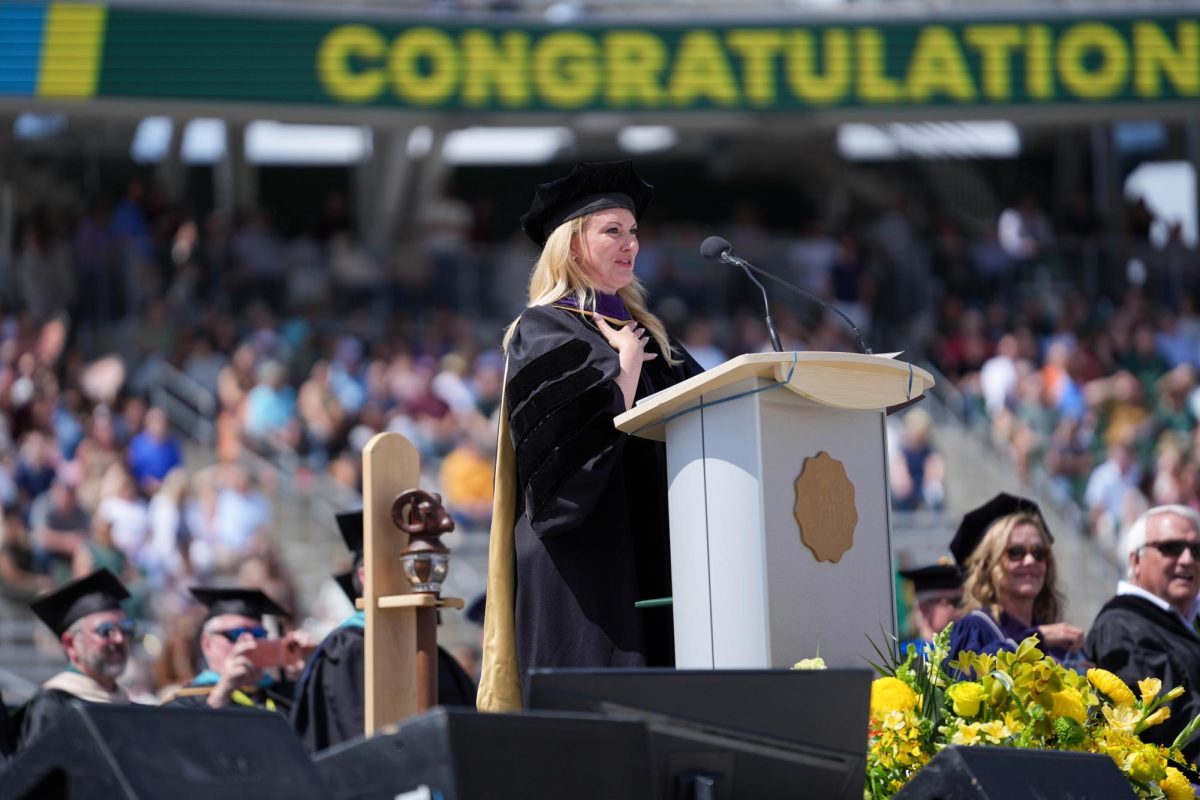 Colorado State University's 16th President, Amy Parsons, reflects on her daughter who is graduating along with the rest of the students in the crowd for CSU's university-wide commencement May 16.