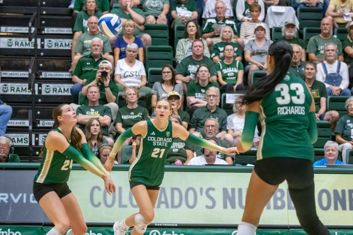 Hayden Grimes (24) prepares to bump the ball as Ella Stowell (21) and Kekua Richards (33) ready themselves for the set Aug. 28. CSU played UC Davis at Moby Arena and won 3-0 (25-21, 25-16, 25-16).