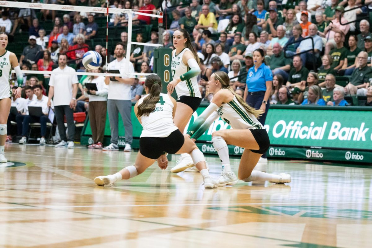 Hayden Grimes (24) and Halle Jameson (4) both go for the ball Aug. 29. Colorado State University volleyball played Southern Methodist University at Moby Arena, falling 3-1.