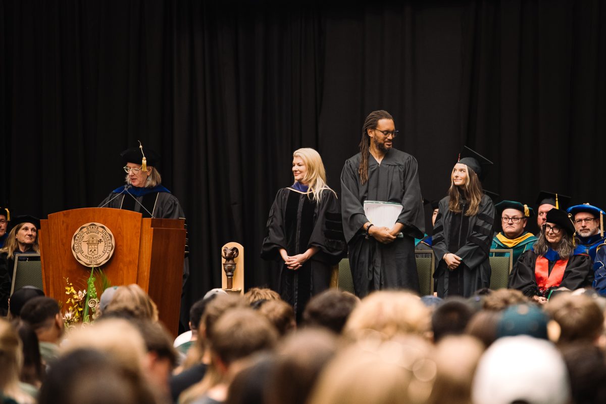 Executive Vice President Dr. Lise Youngblade presents Colorado State University President Amy Parsons, CSU Alumni Stephen Brackett and Associated Students of CSU Student Body President Victoria Quesada-Stoner at the Convocation held in Moby Arena Aug. 21.
