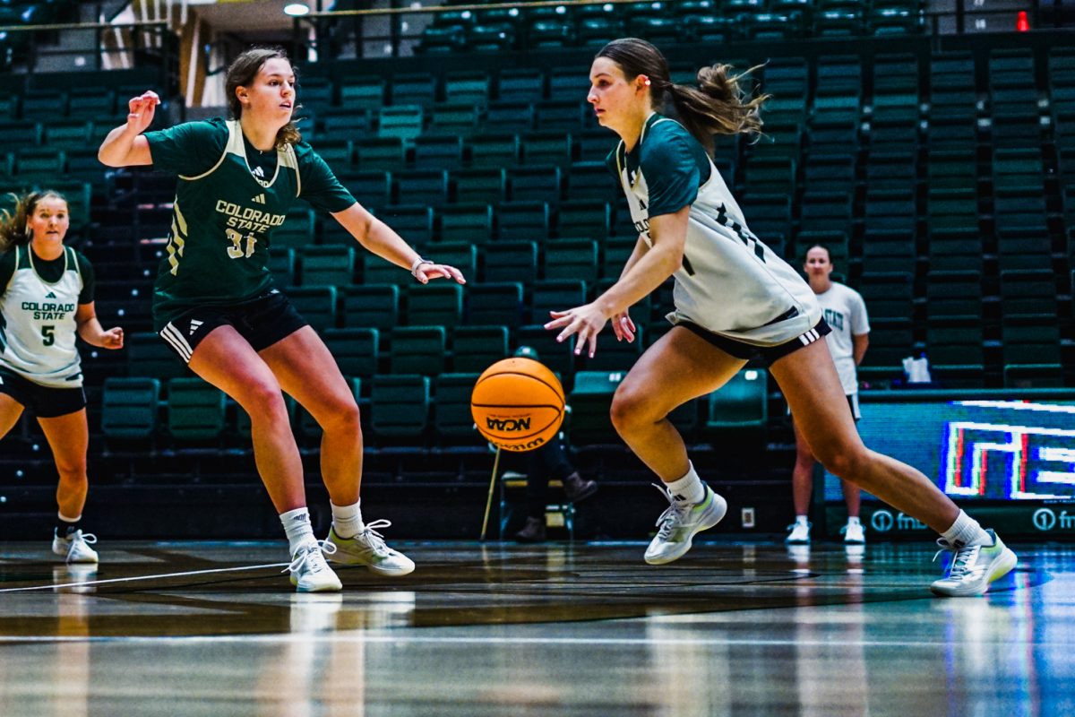 A Colorado State University basketball player dribbles the ball past McKenna Murphy during morning practice in Moby Arena Sept. 22.
