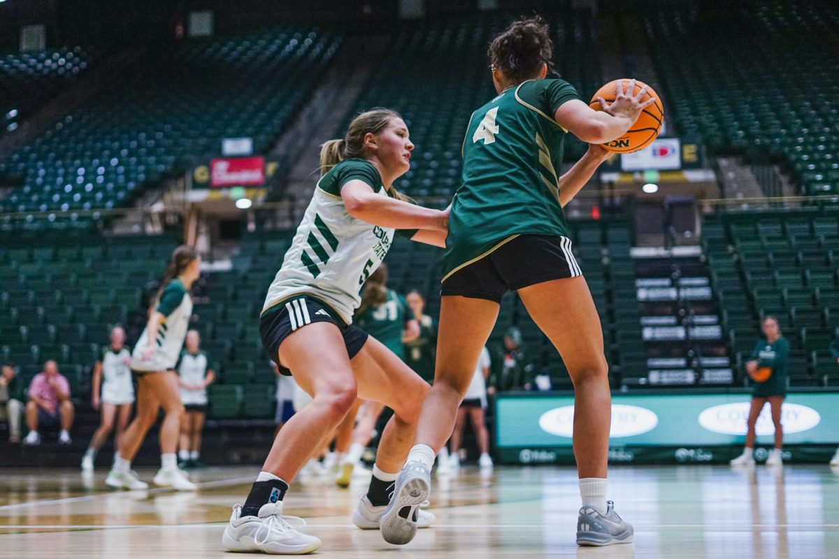 Colorado State University guard Allie Roden (4) sits in a triple threat while Kloe Froebe (5) defends during morning practice in Moby Arena Sept. 22.