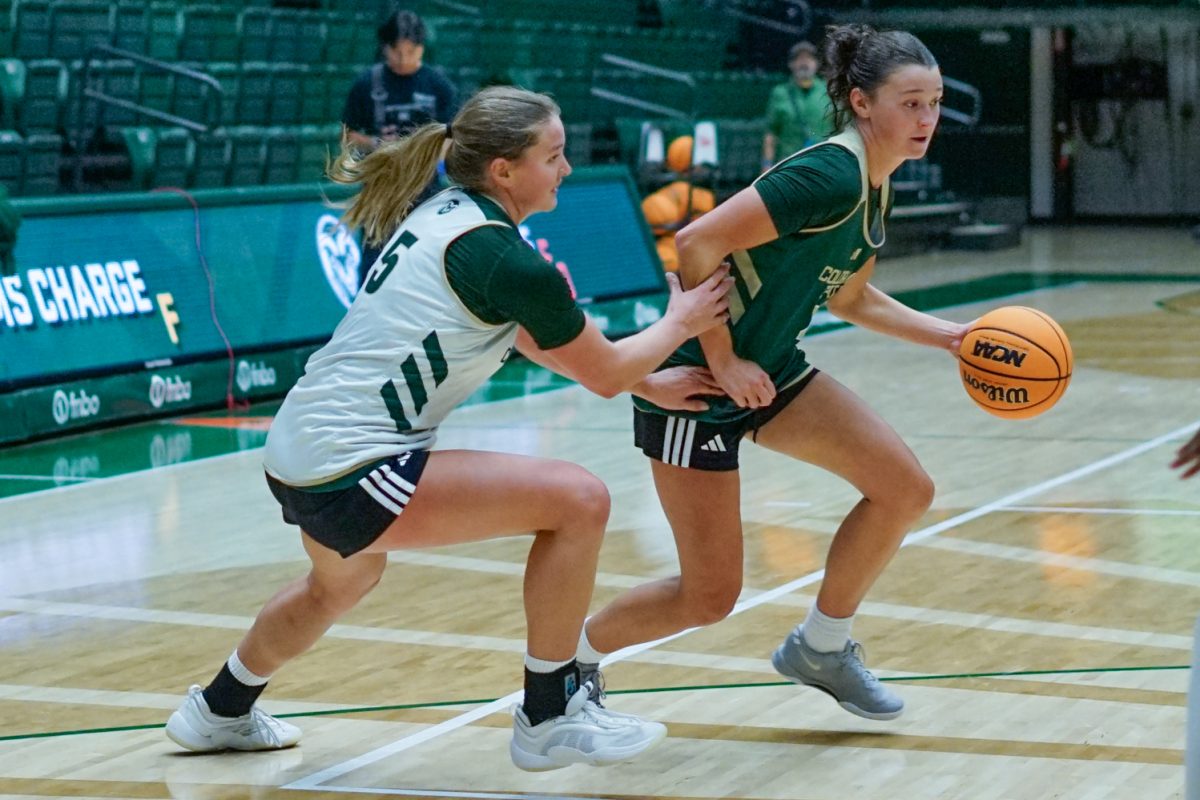 Colorado State University basketball player Kloe Froebe (5) puts pressure on Gianna Smith (11) during a morning practice session in Moby Arena Sept. 22.