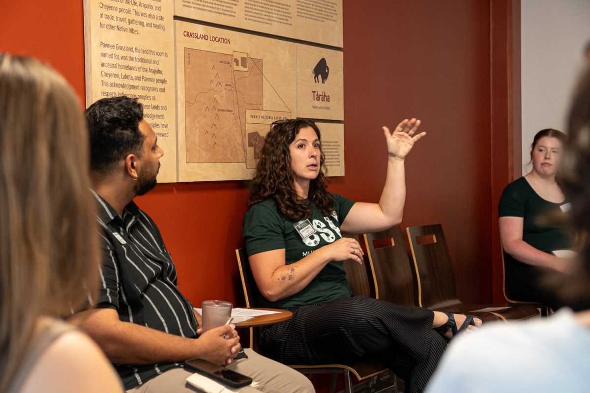 Food for Thought lead Laura Nelson leads a discussion on faith and spirituality in the Pawnee Grassland room at The Foundry Sept. 3.
