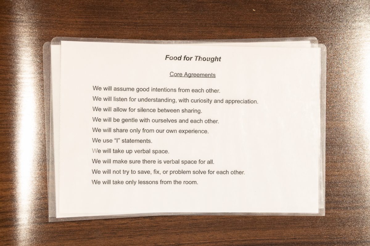 Laminated paper displays core agreements to show respect at the Food for Thought discussion at the Pawnee Grassland room at the Foundry Sept. 1. Food for Thought event is one of the many events in the Multifaith & Belief Initiatives held at the Foundry. This initiative holds all the networks and programs that attempt to make a positive experience across religious differences on campus. 
