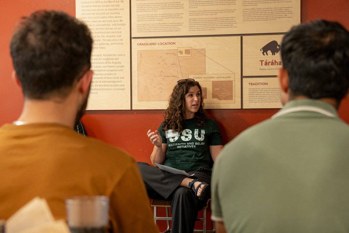 Laura Nelson, Interim lead for the Multifaith & Belief Initiative leads the discussion in the Food for Thought event in the Pawnee Grassland room at the Foundry Sept. 3. 