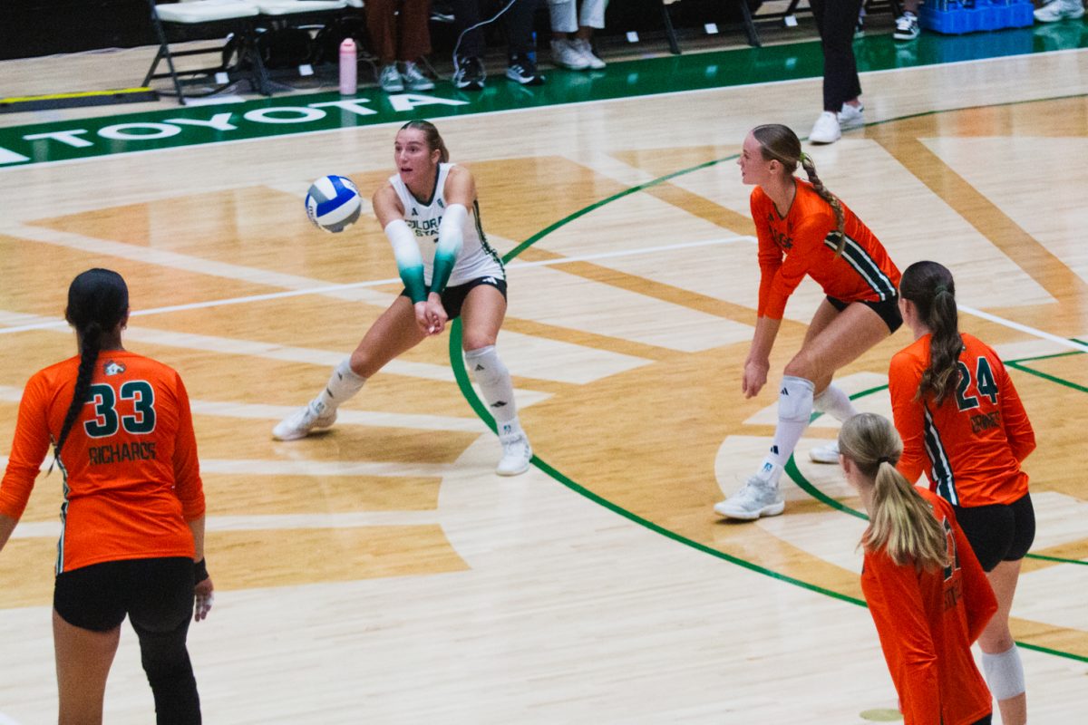 Karsyn Fetzer (1), a libero on the Colorado State University volleyball team, lines up to pass the ball to a teammate during CSU's Ag Day game against the University of California, Santa Barbara Sept. 11. Fetzer completed 12 digs across three sets, assisting the Aggies in a  3-0 win.
