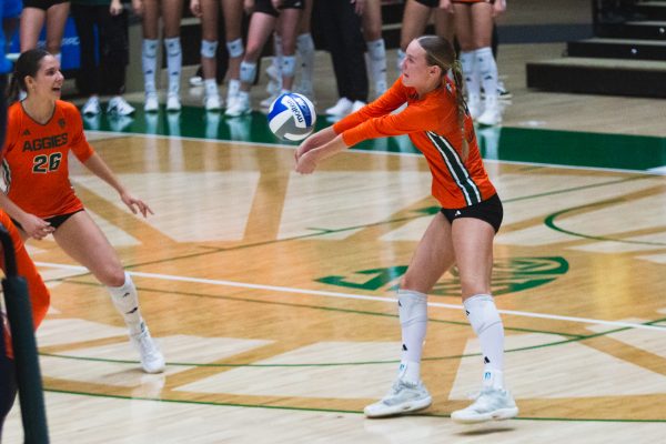 Halle Jameson (4), a sophomore on the Colorado State University volleyball team, gets into position to bump the ball during the Ag Day game against the University of California, Santa Barbara Sept. 11. The Aggies beat the Gauchos in three straight sets, assisted by Jameson's 26 attacks.